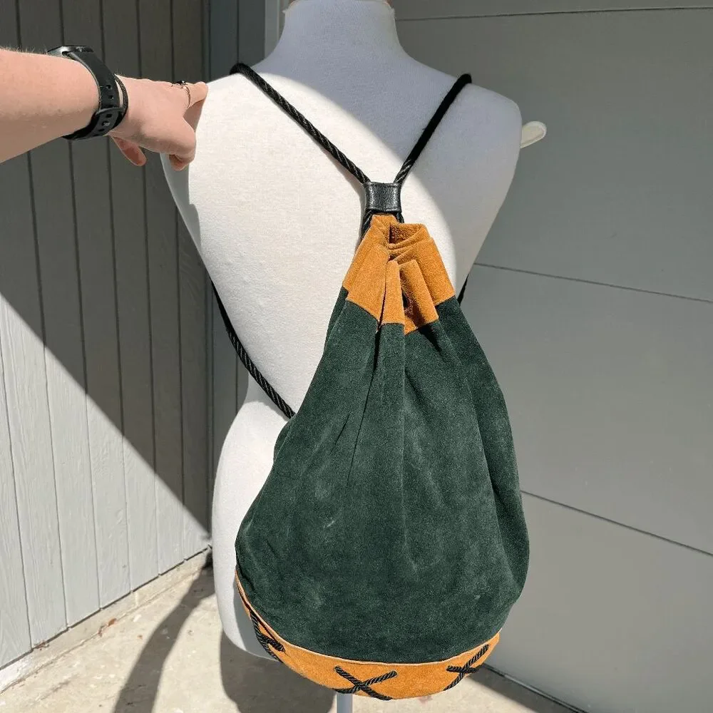 VTG Forest Green Suede Leather Drawstring Backpack USA Boho Minimalist - Picture 3 of 12